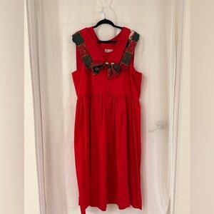 Vintage Handmade Red Dress Patchwork Bow Heart Cottagecore Prairie